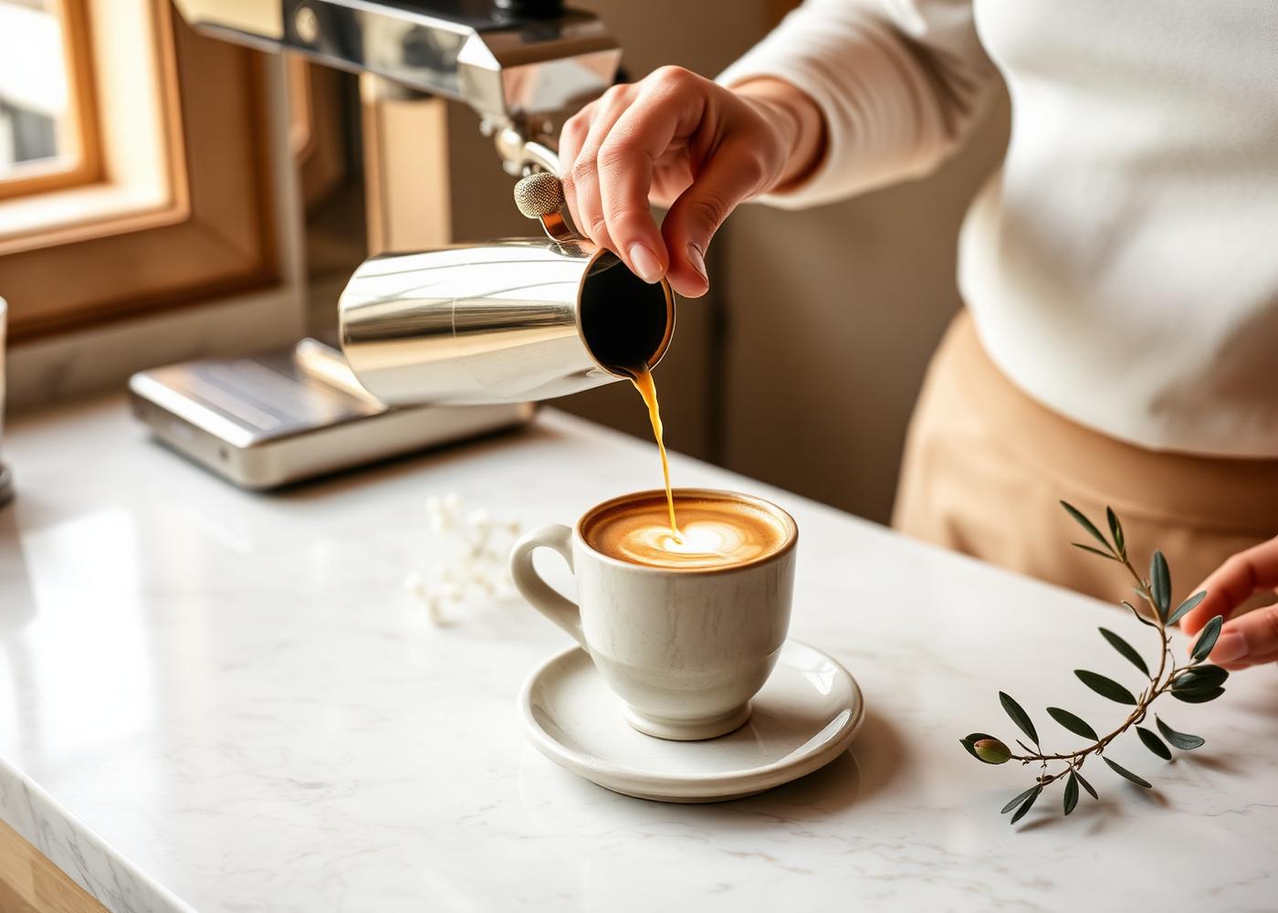 Pouring organic specialty coffee on a stone counter