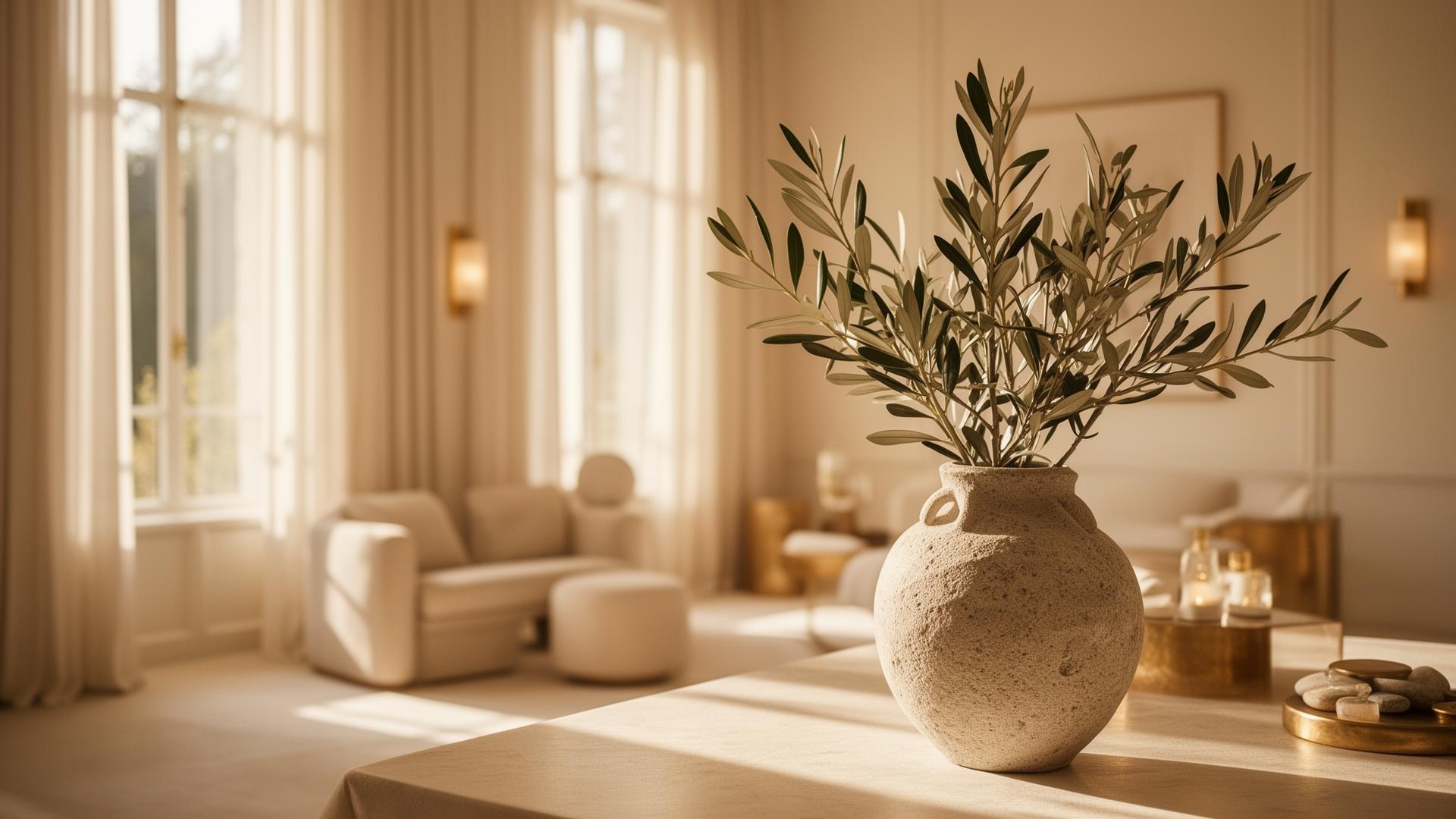 Warm sunlit sanctuary with olive branches