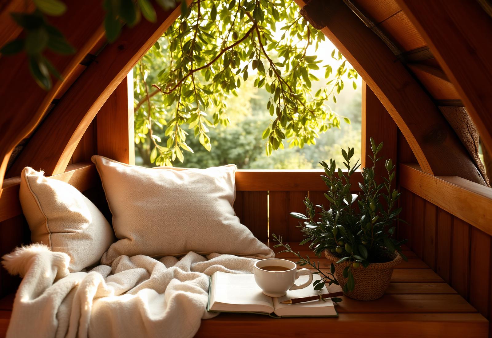 Quiet treehouse reading nook bathed in golden hour light